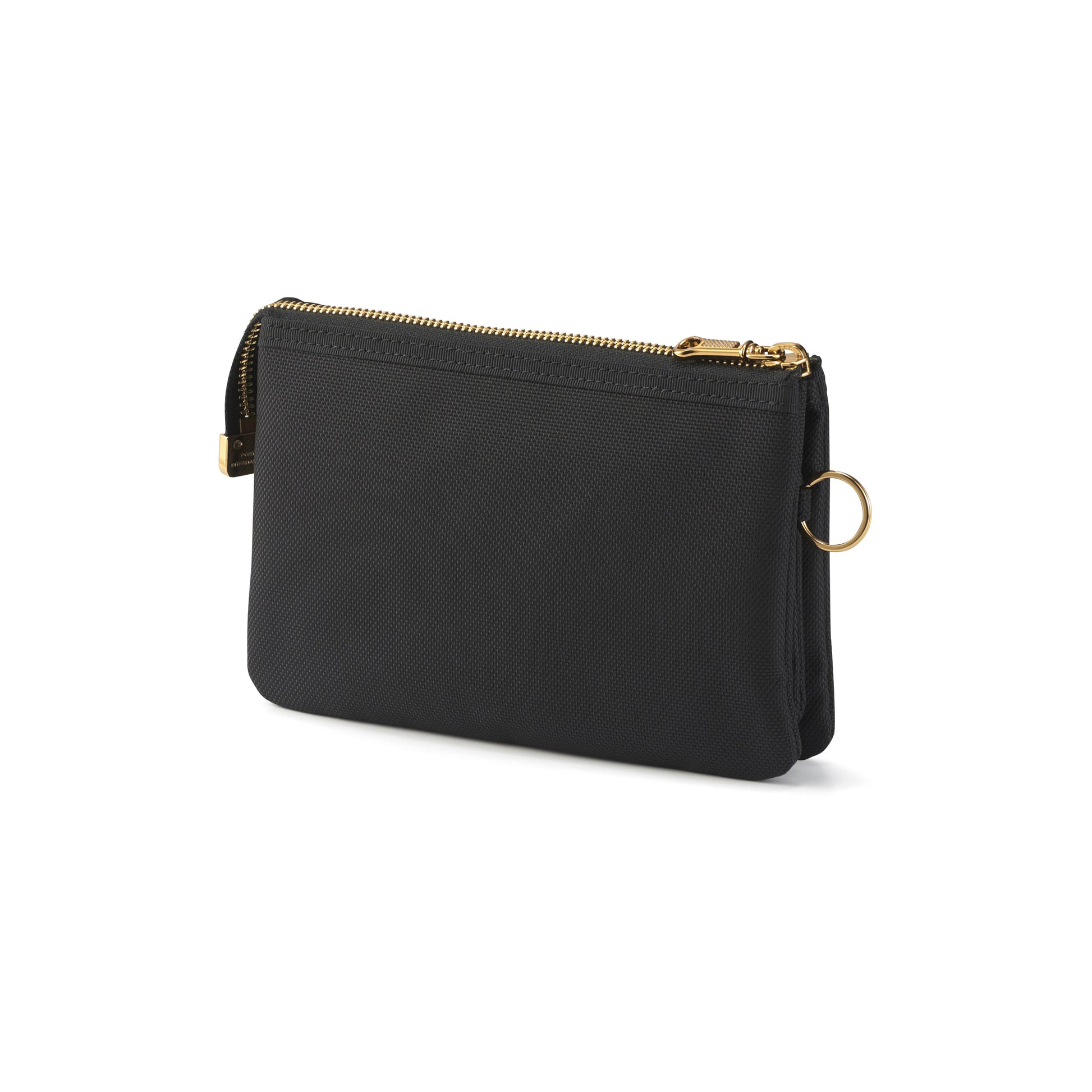 PORTER INTERNATIONAL Luxy Pouch Black slim zip pouch with gold hardware premium fabric and key ring