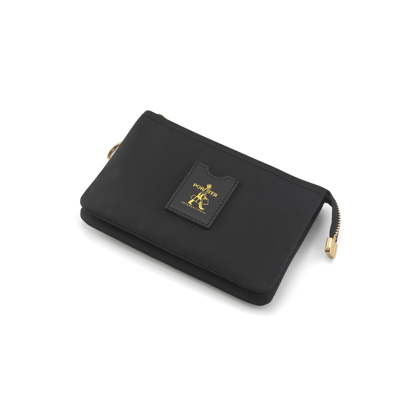 PORTER INTERNATIONAL Luxy Pouch Black slim zip pouch with gold hardware premium fabric and key ring