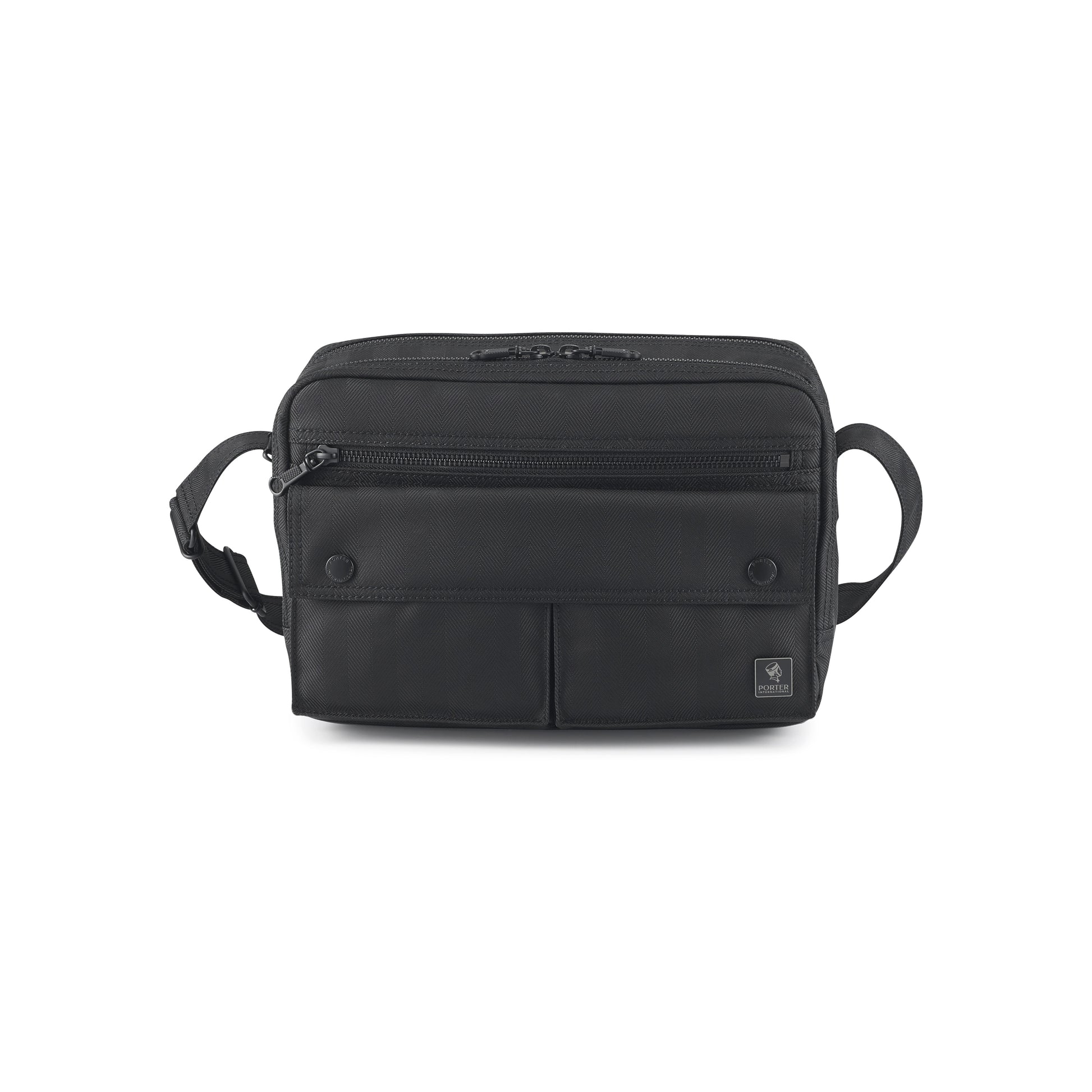 PORTER INTERNATIONAL Melody Shoulder Bag M Black with multiple front pockets adjustable shoulder strap and durable textured fabric