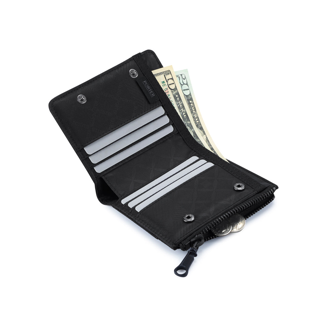 PORTER INTERNATIONAL Melody Bi-Fold Wallet 'Black' - open wallet showing card and cash storage