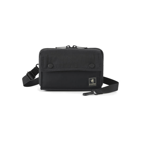 PORTER INTERNATIONAL Mid Shoulder Bag S Black textured fabric crossbody bag flap pocket adjustable strap compact design