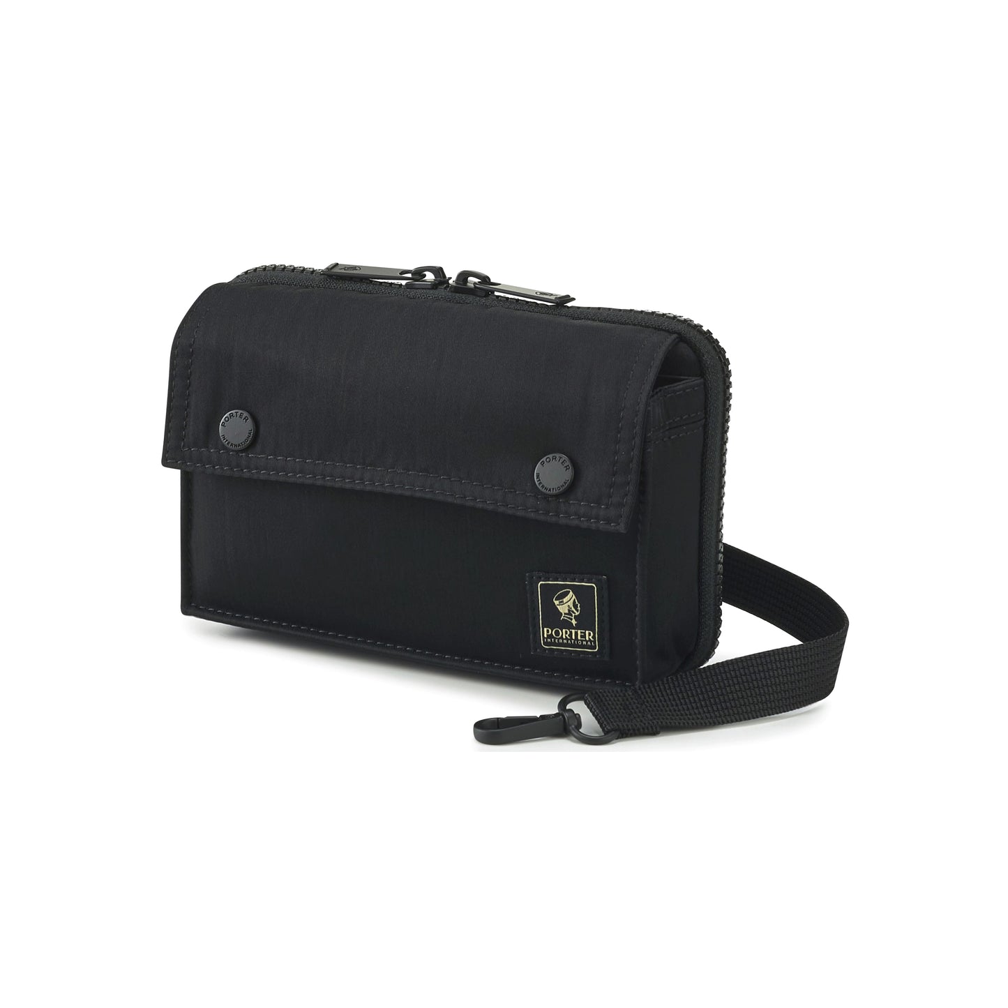 PORTER INTERNATIONAL Mid Shoulder Bag S Black textured fabric crossbody bag flap pocket adjustable strap compact design
