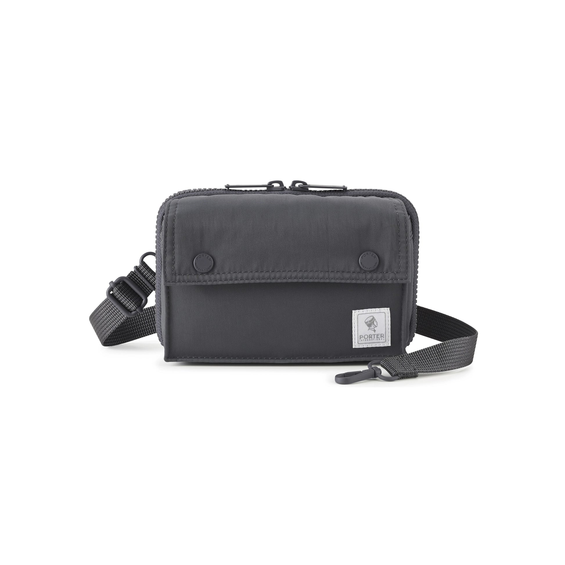 PORTER INTERNATIONAL Mid Shoulder Bag S Grey textured fabric crossbody bag flap pocket adjustable strap compact design
