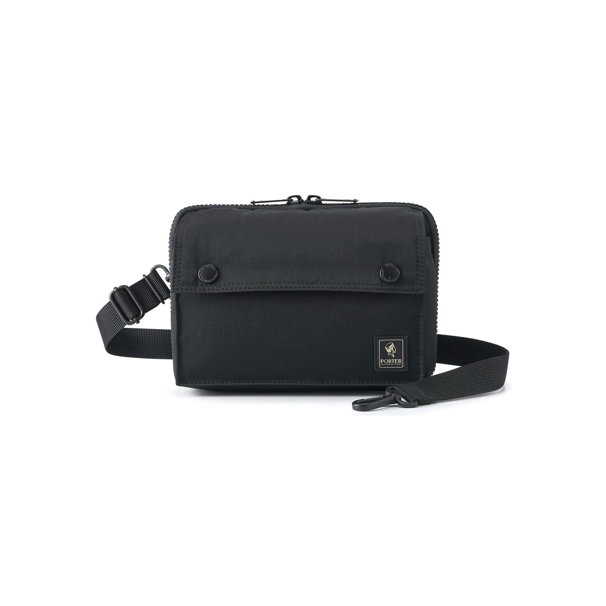 PORTER INTERNATIONAL Mid Shoulder Bag M Black textured fabric crossbody bag flap pocket adjustable strap compact design