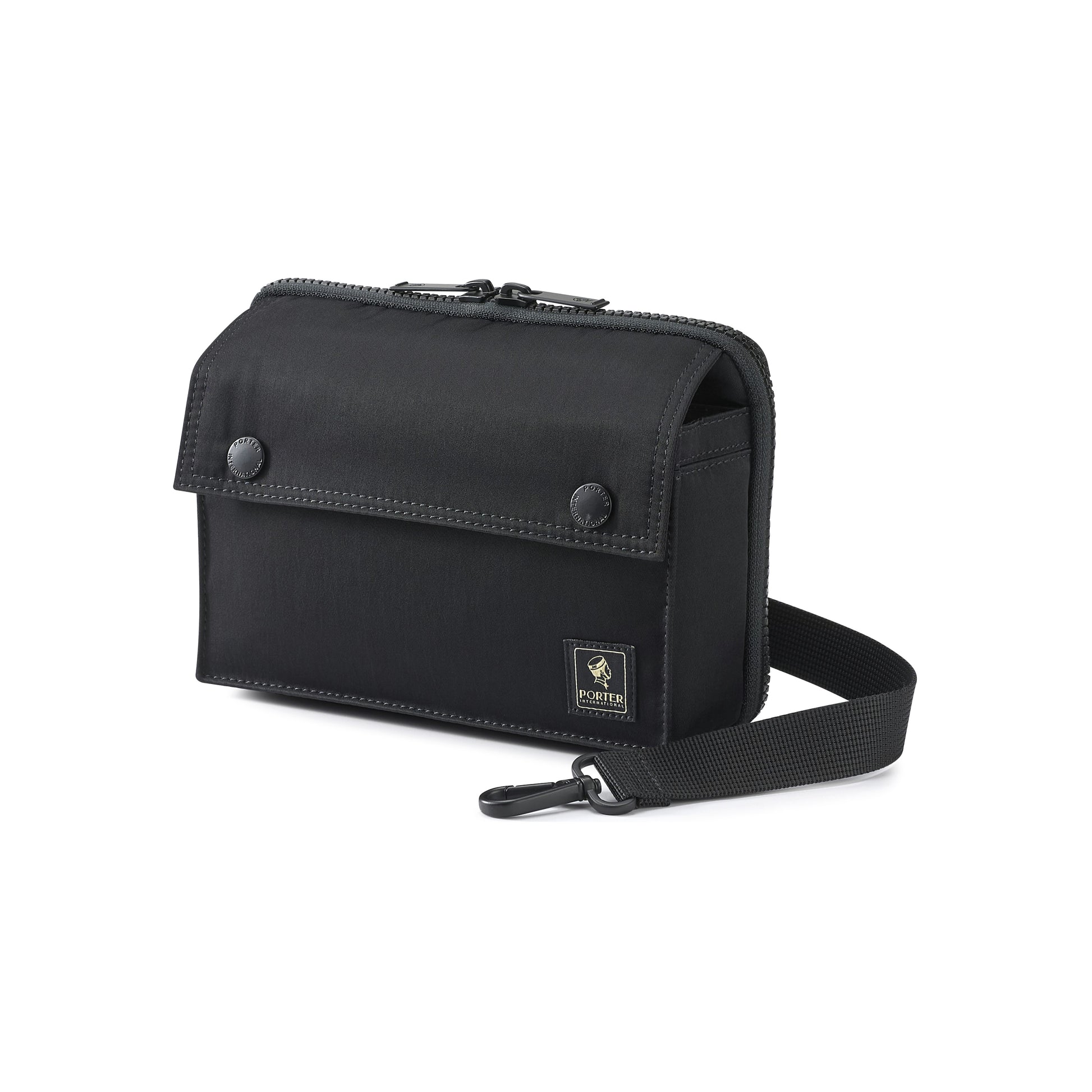 PORTER INTERNATIONAL Mid Shoulder Bag M Black textured fabric crossbody bag flap pocket adjustable strap compact design