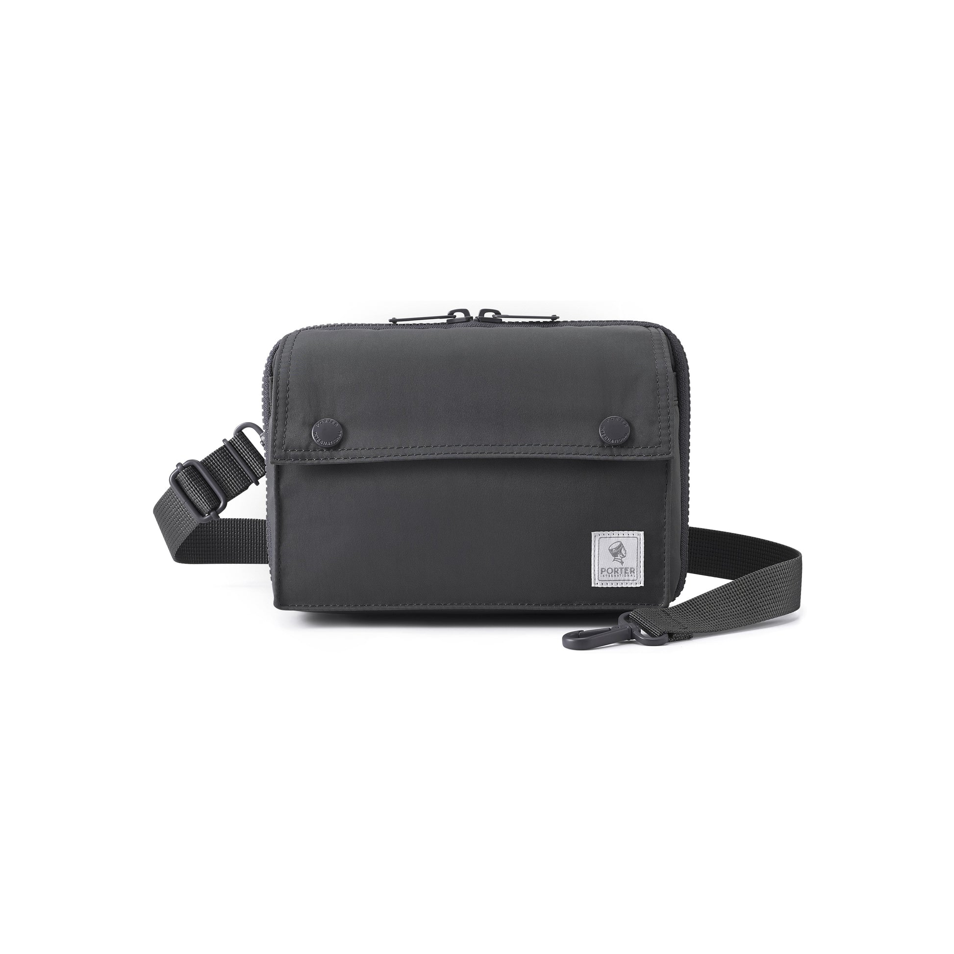 PORTER INTERNATIONAL Mid Shoulder Bag M Grey textured fabric crossbody bag flap pocket adjustable strap compact design