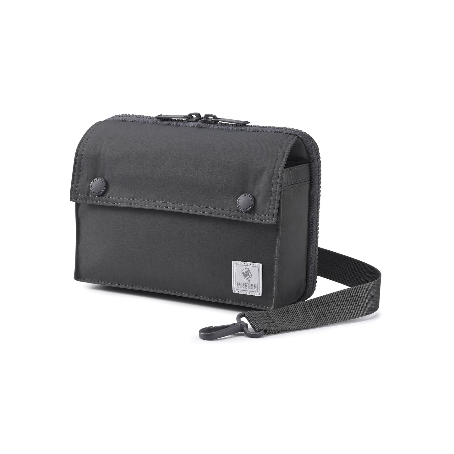 PORTER INTERNATIONAL Mid Shoulder Bag M Grey textured fabric crossbody bag flap pocket adjustable strap compact design