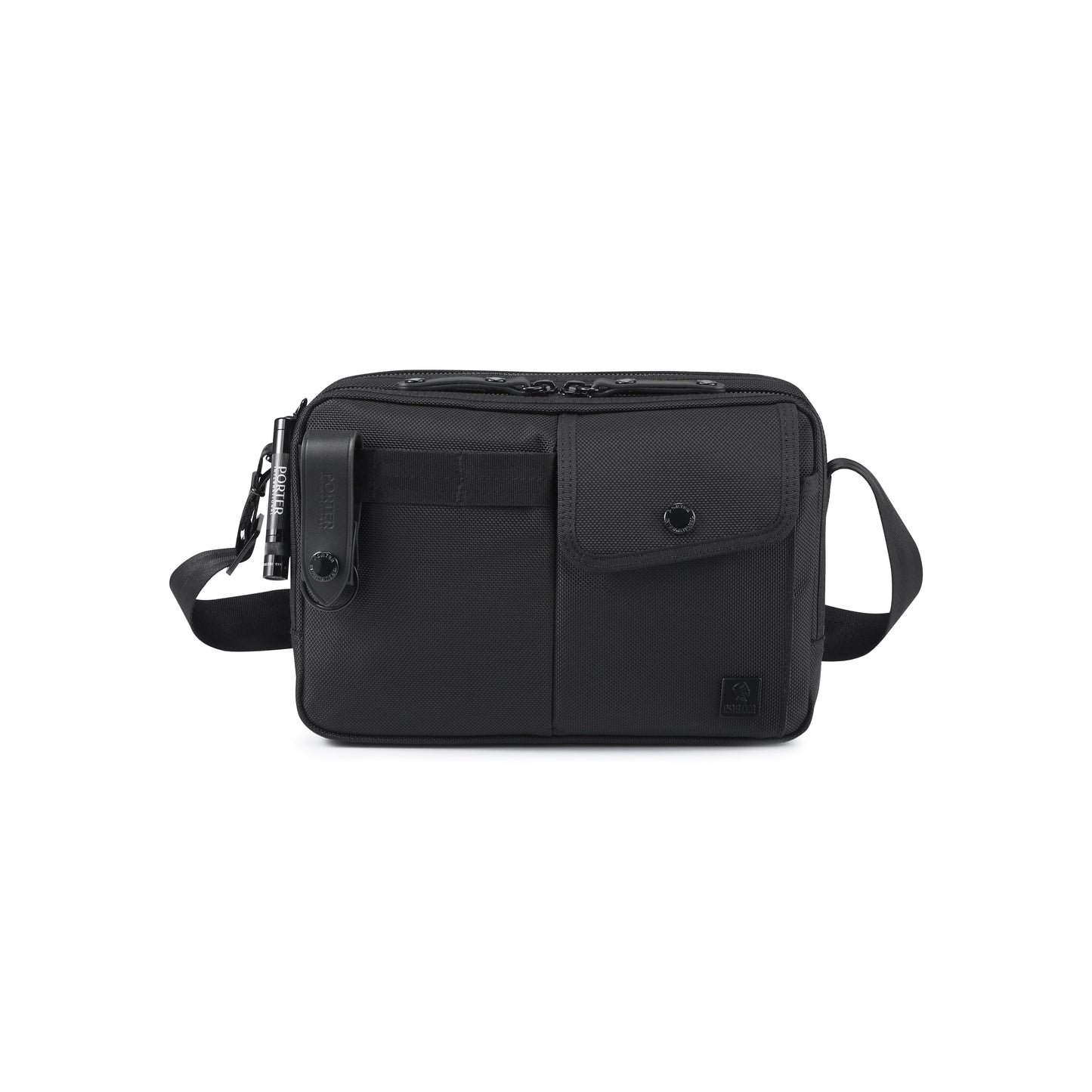 PORTER INTERNATIONAL New Heat Shoulder Bag Jet Black with multiple front pockets adjustable shoulder strap and durable textured fabric