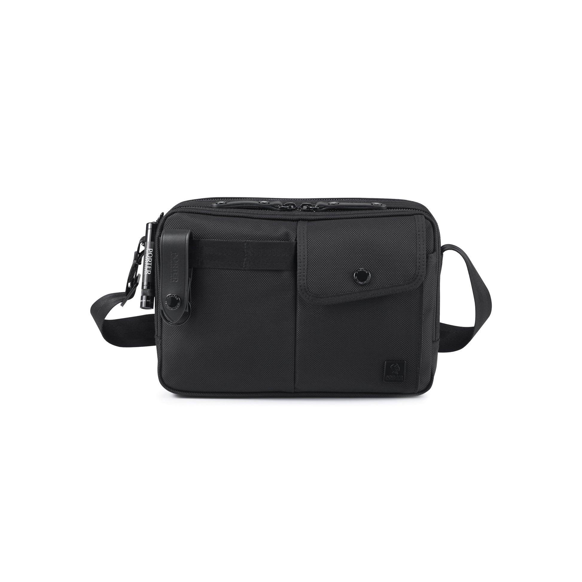 PORTER INTERNATIONAL New Heat Shoulder Bag Jet Black with multiple front pockets adjustable shoulder strap and durable textured fabric