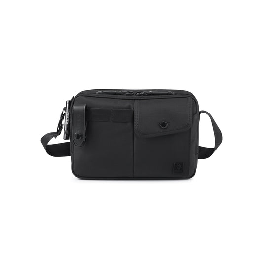 PORTER INTERNATIONAL New Heat Shoulder Bag Jet Black with multiple front pockets adjustable shoulder strap and durable textured fabric
