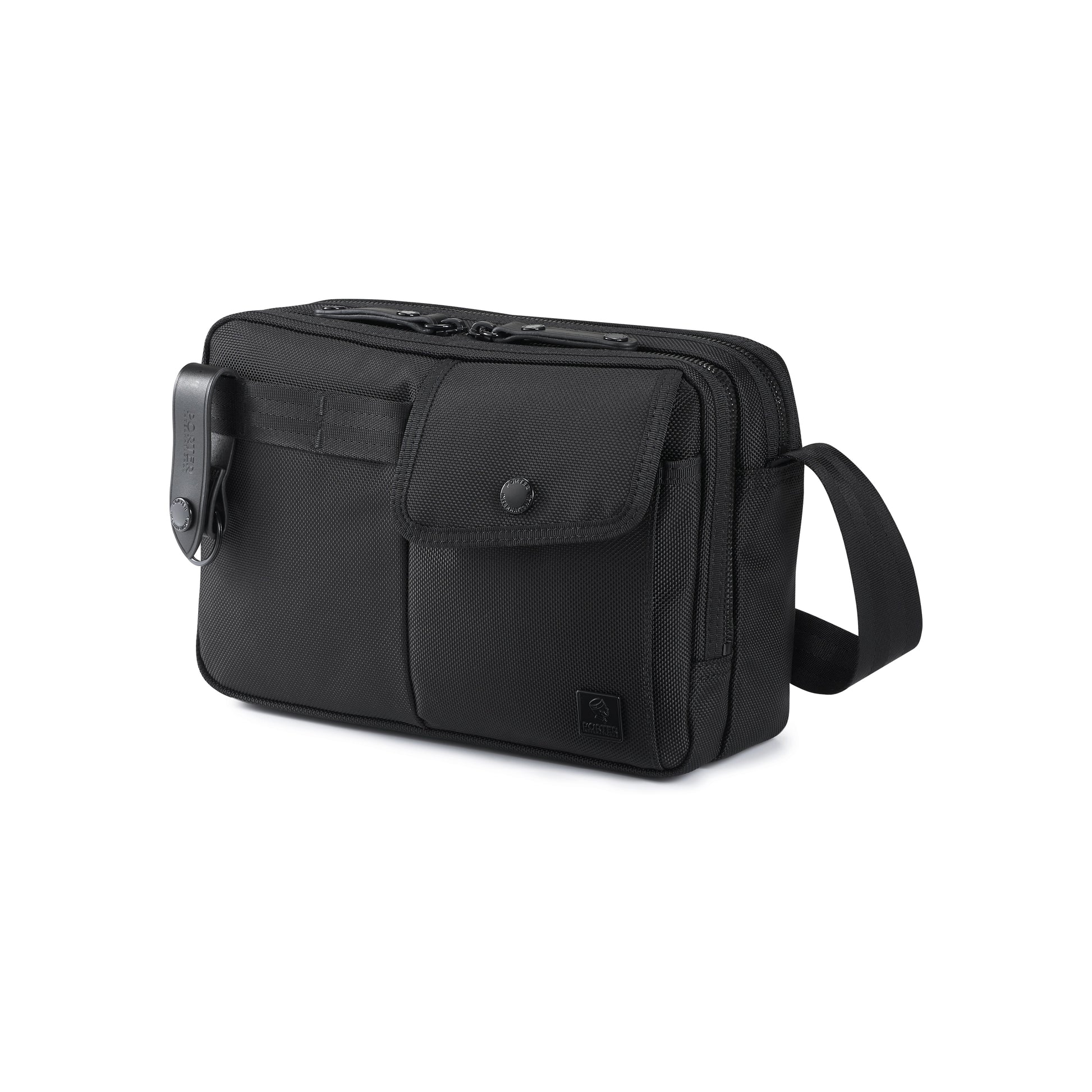 PORTER INTERNATIONAL New Heat Shoulder Bag Jet Black with multiple front pockets adjustable shoulder strap and durable textured fabric