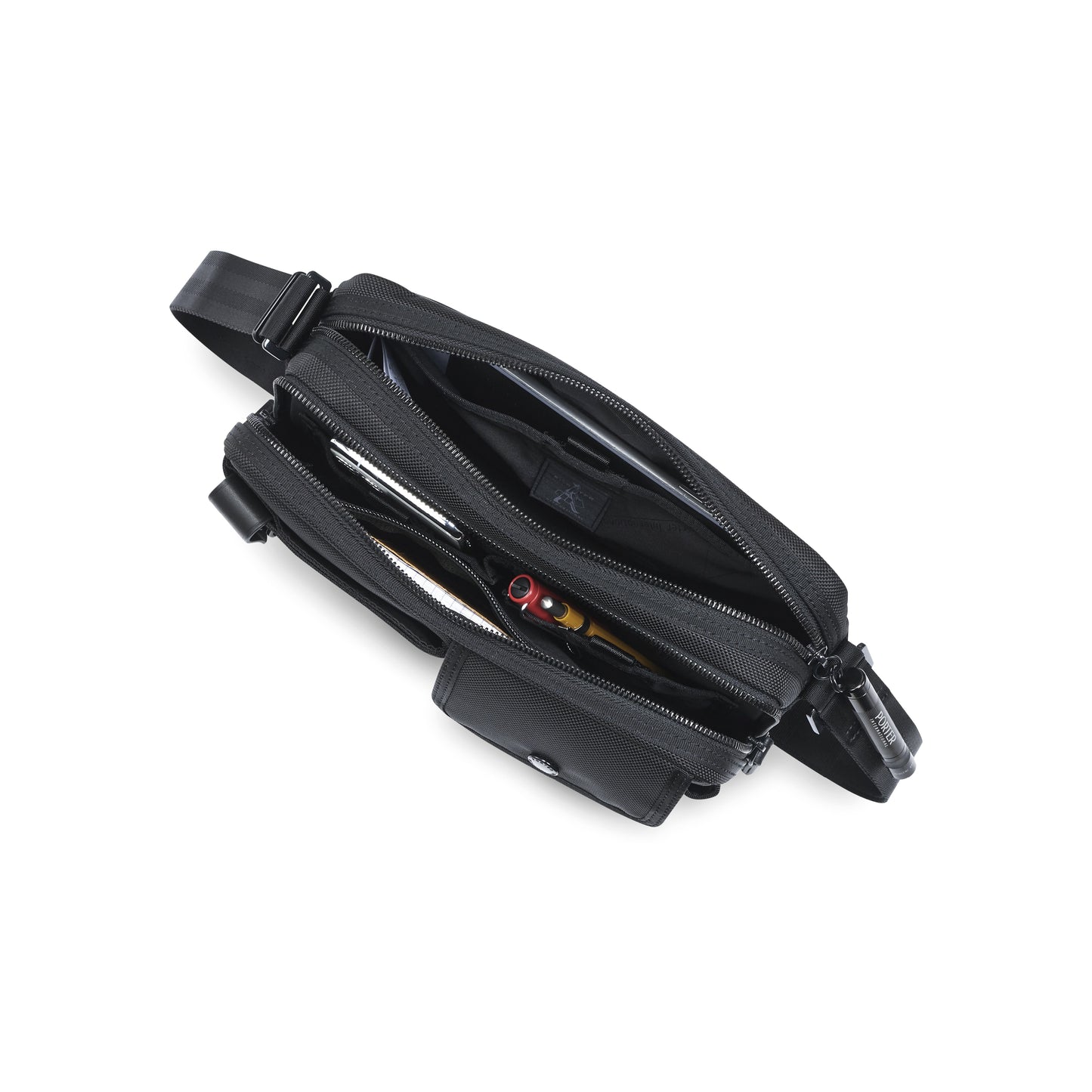 PORTER INTERNATIONAL New Heat Shoulder Bag Jet Black with multiple front pockets adjustable shoulder strap and durable textured fabric