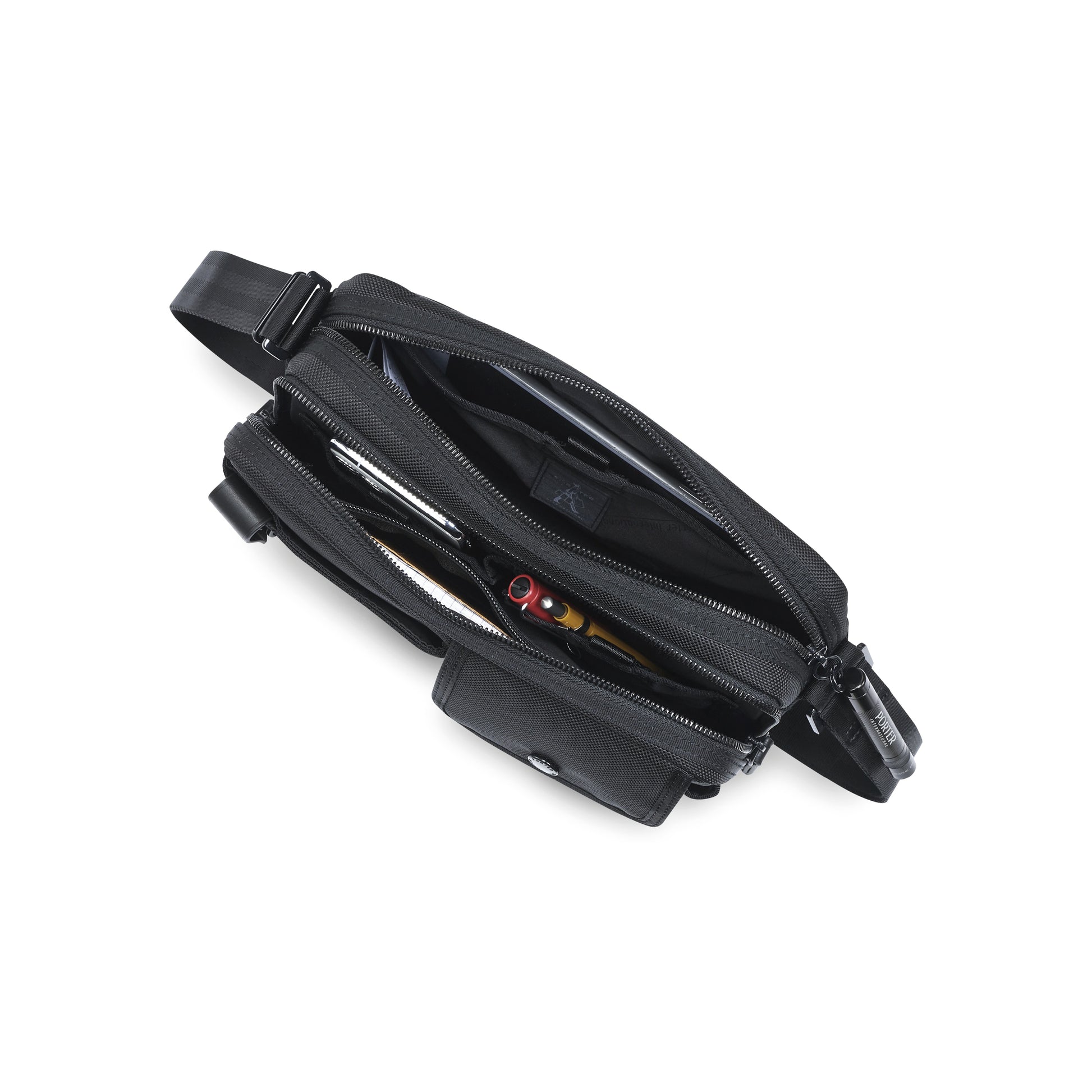 PORTER INTERNATIONAL New Heat Shoulder Bag Jet Black with multiple front pockets adjustable shoulder strap and durable textured fabric