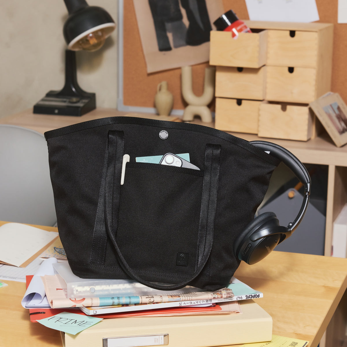 PORTER INTERNATIONAL Prime Tote Black with spacious main compartment, shoulder handles, detachable strap, and durable fabric construction
