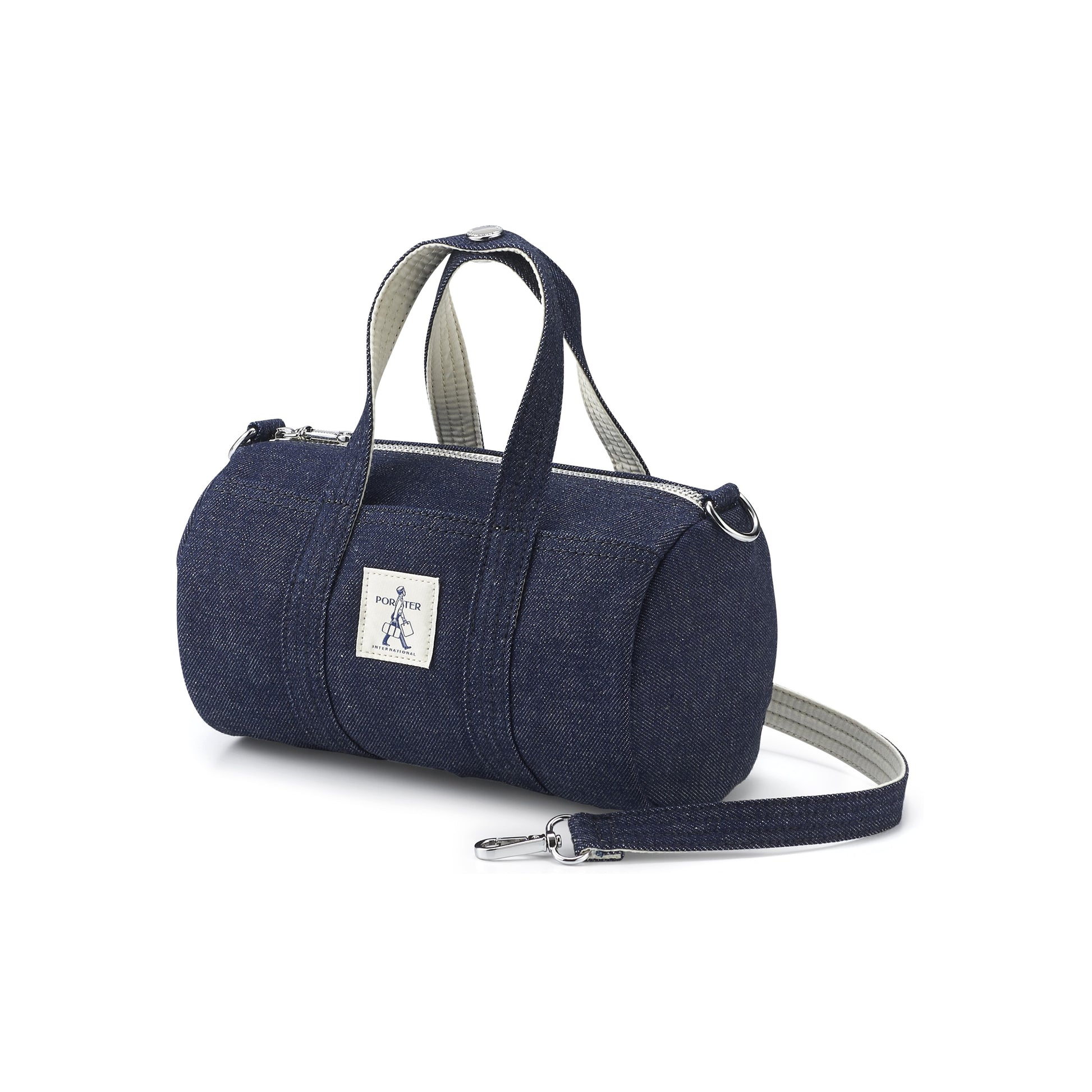 PORTER INTERNATIONAL Nimes Handbag M Navy woven fabric shoulder bag top handle detachable strap structured design
