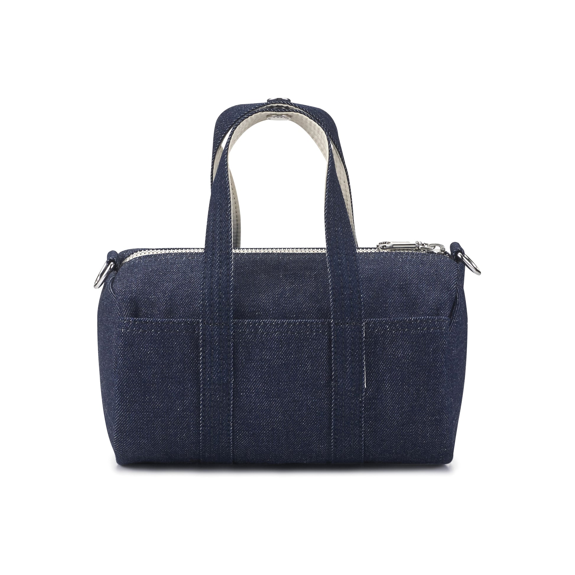 PORTER INTERNATIONAL Nimes Handbag M Navy woven fabric shoulder bag top handle detachable strap structured design
