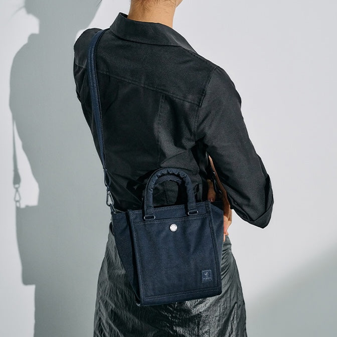 PORTER INTERNATIONAL Swing Handbag S Blue nylon shoulder bag top handle detachable strap structured design