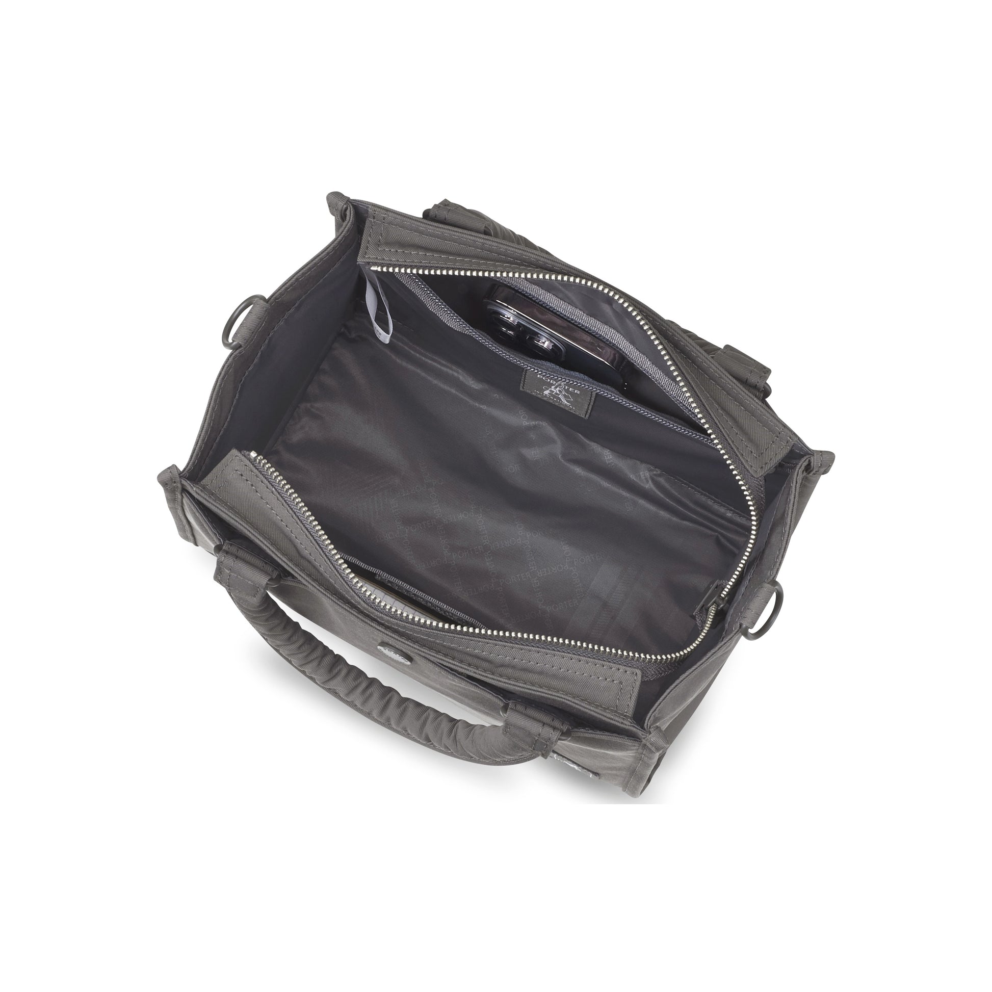 PORTER INTERNATIONAL Swing Handbag M Light Grey nylon shoulder bag top handle detachable strap structured design