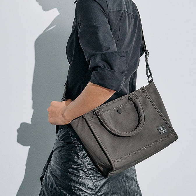 PORTER INTERNATIONAL Swing Handbag M Light Grey nylon shoulder bag top handle detachable strap structured design