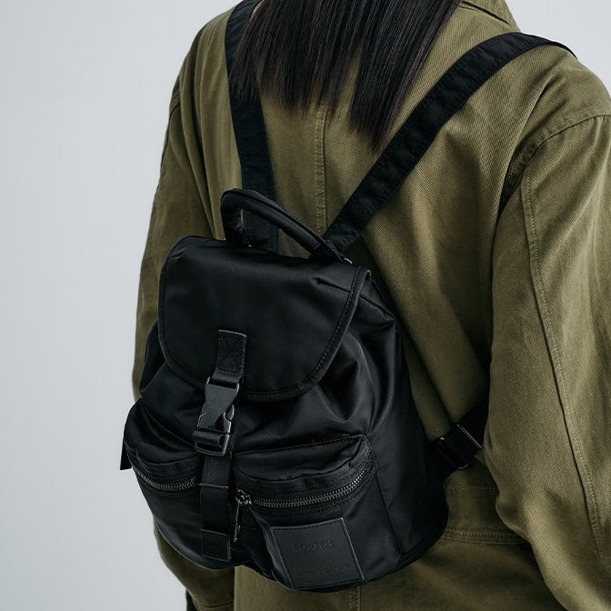 PORTER INTERNATIONAL Semi Backpack (S) 'Black' - modelled close up view