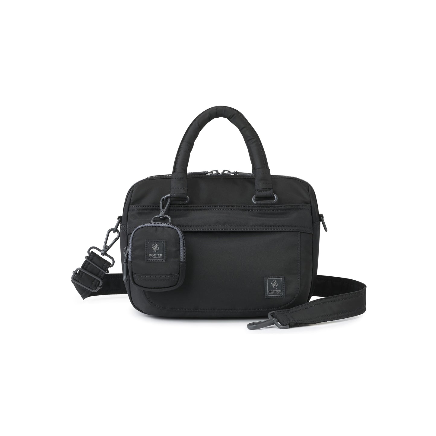 PORTER INTERNATIONAL Harbor Handbag Version 1 Black textured fabric shoulder bag top handle detachable strap mini pouch