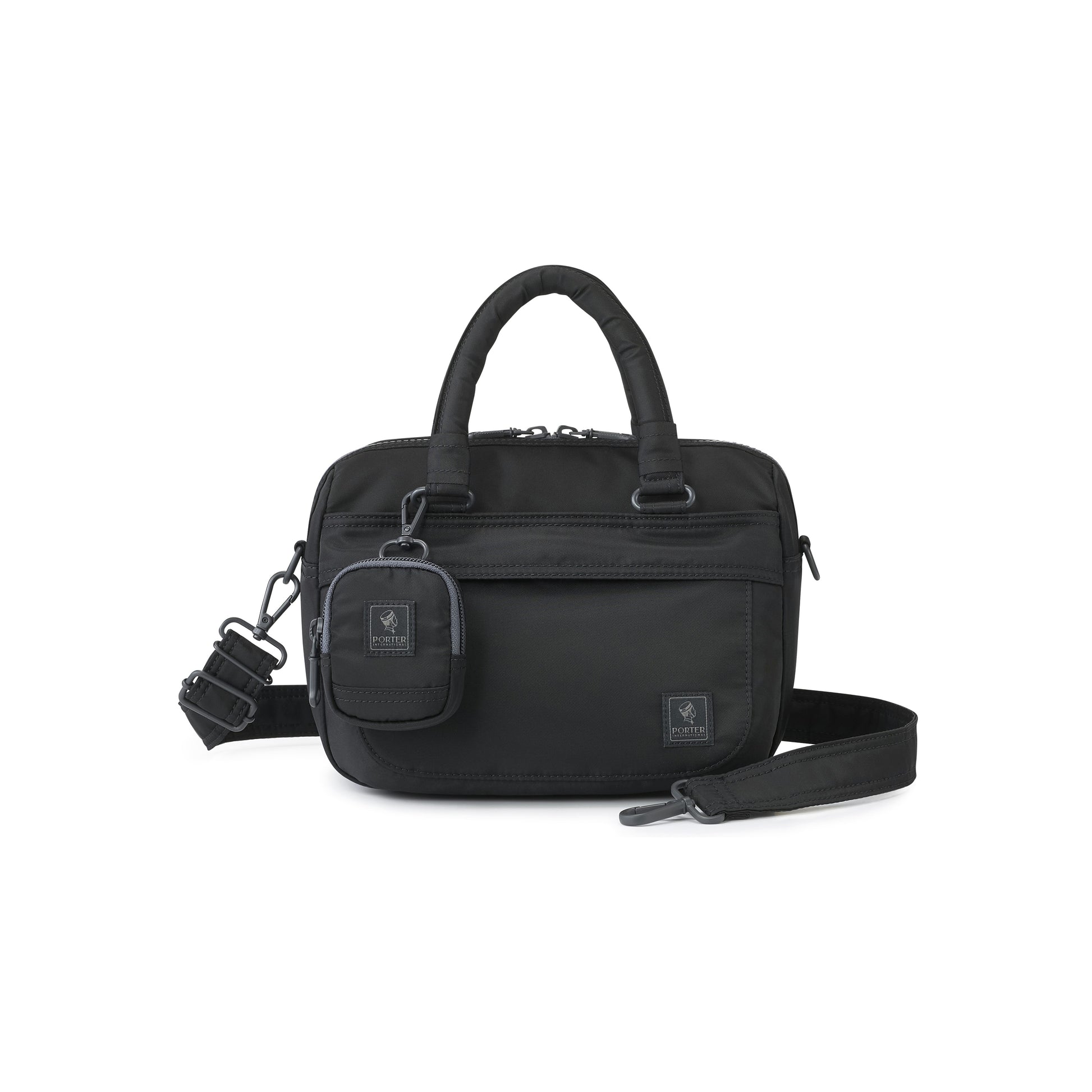 PORTER INTERNATIONAL Harbor Handbag Version 1 Black textured fabric shoulder bag top handle detachable strap mini pouch