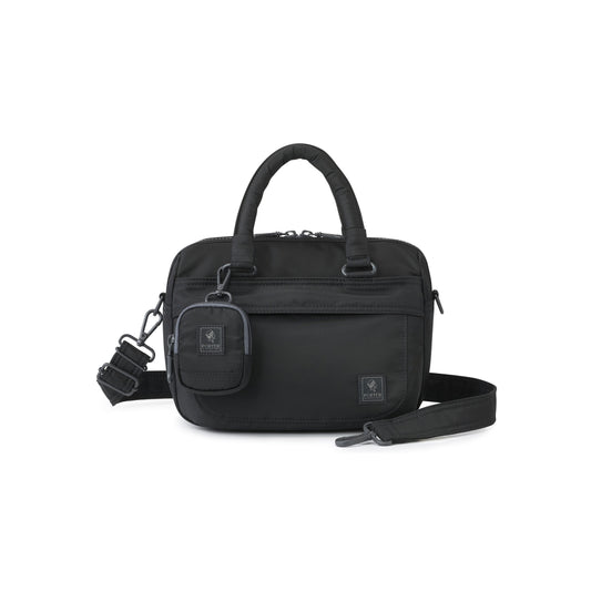 PORTER INTERNATIONAL Harbor Handbag Version 1 Black textured fabric shoulder bag top handle detachable strap mini pouch