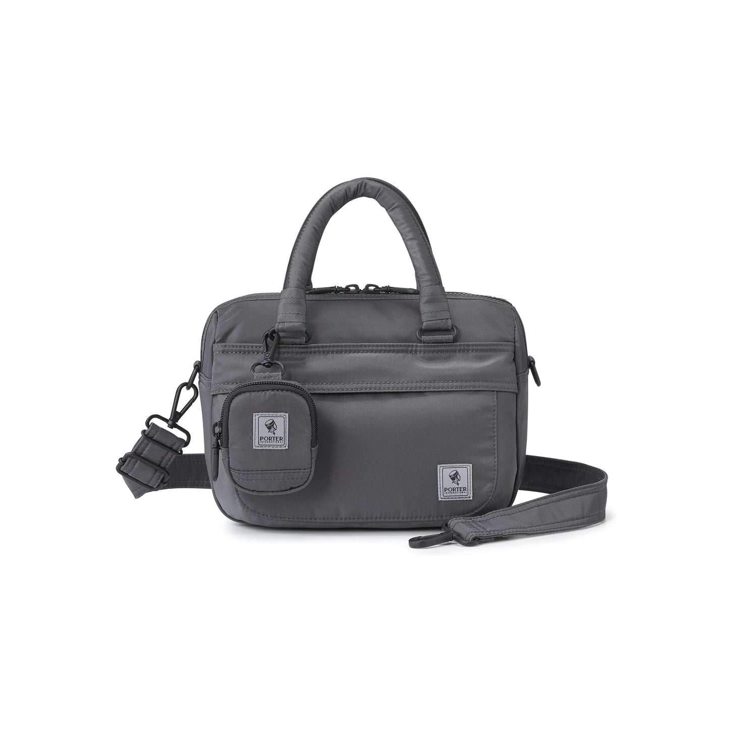 PORTER INTERNATIONAL Harbor Handbag Version 1 Grey textured fabric shoulder bag top handle detachable strap mini pouch