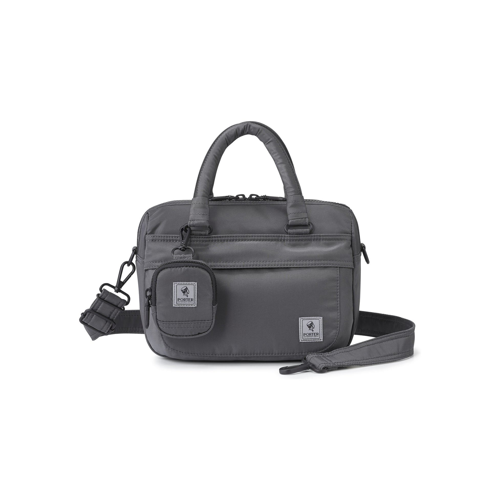PORTER INTERNATIONAL Harbor Handbag Version 1 Grey textured fabric shoulder bag top handle detachable strap mini pouch