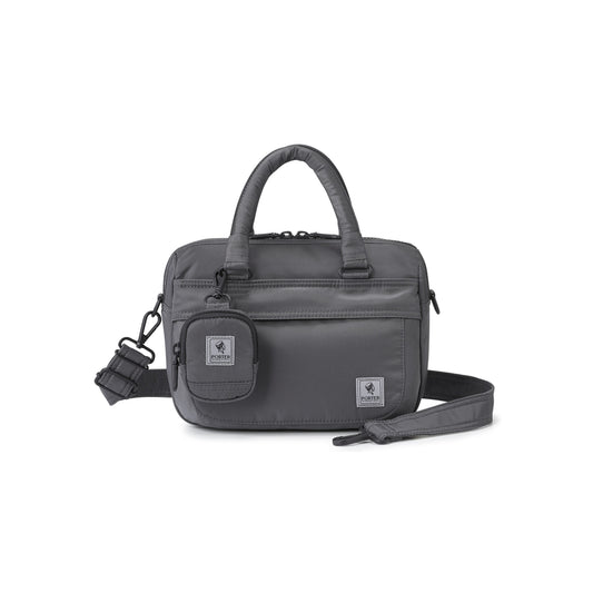 PORTER INTERNATIONAL Harbor Handbag Version 1 Grey textured fabric shoulder bag top handle detachable strap mini pouch