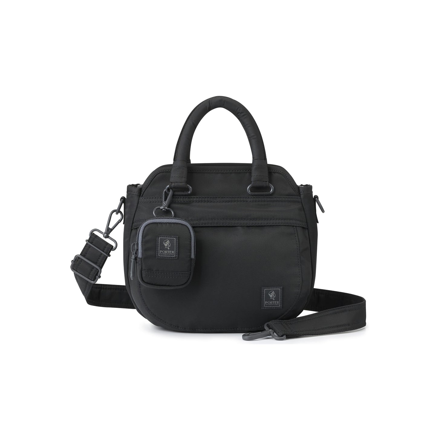 PORTER INTERNATIONAL Harbor Handbag Version 2 Black textured fabric shoulder bag top handle detachable strap mini pouch