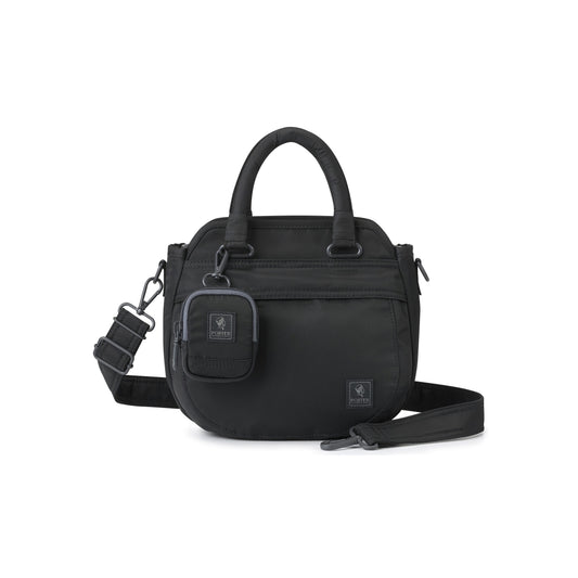 PORTER INTERNATIONAL Harbor Handbag Version 2 Black textured fabric shoulder bag top handle detachable strap mini pouch