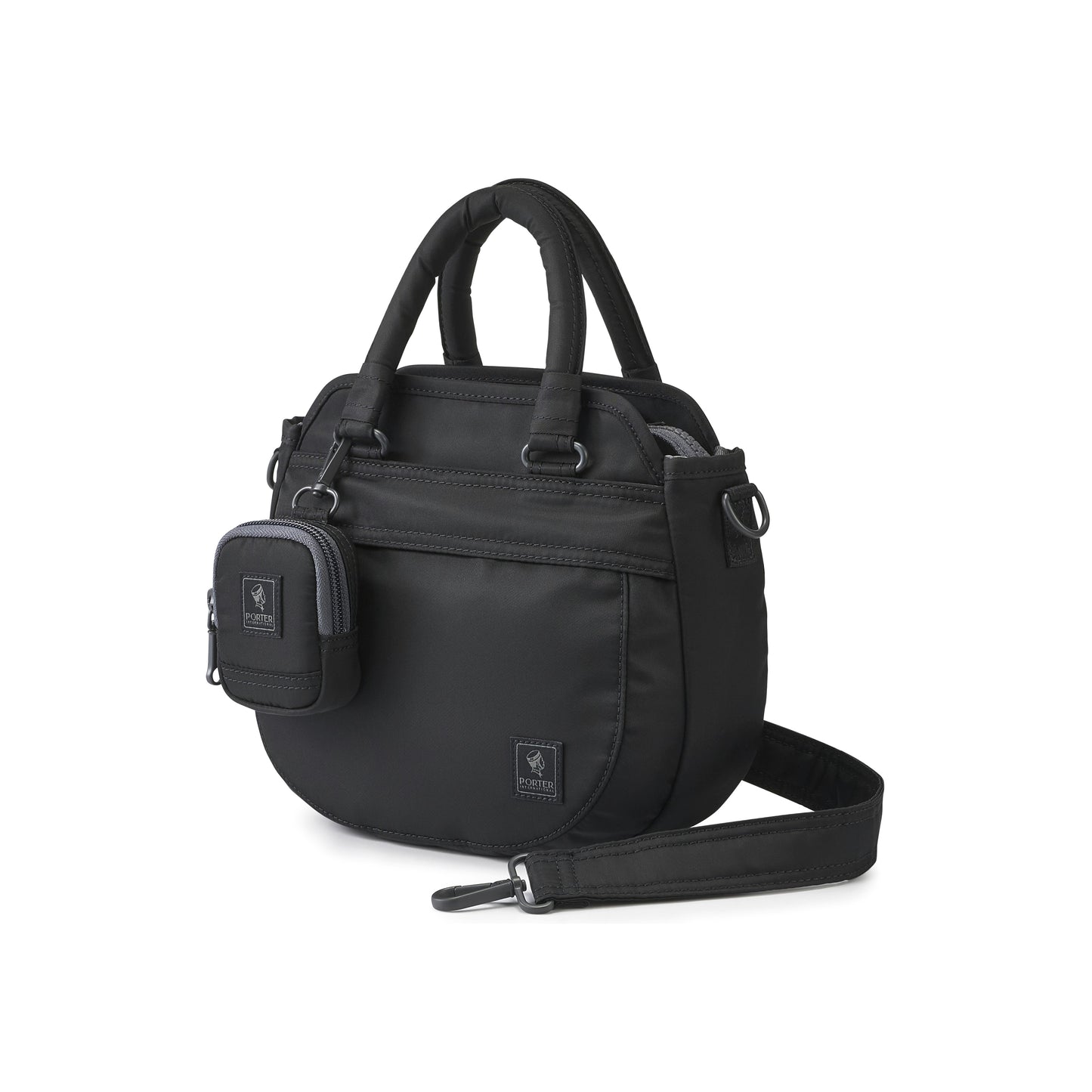 PORTER INTERNATIONAL Harbor Handbag Version 2 Black textured fabric shoulder bag top handle detachable strap mini pouch