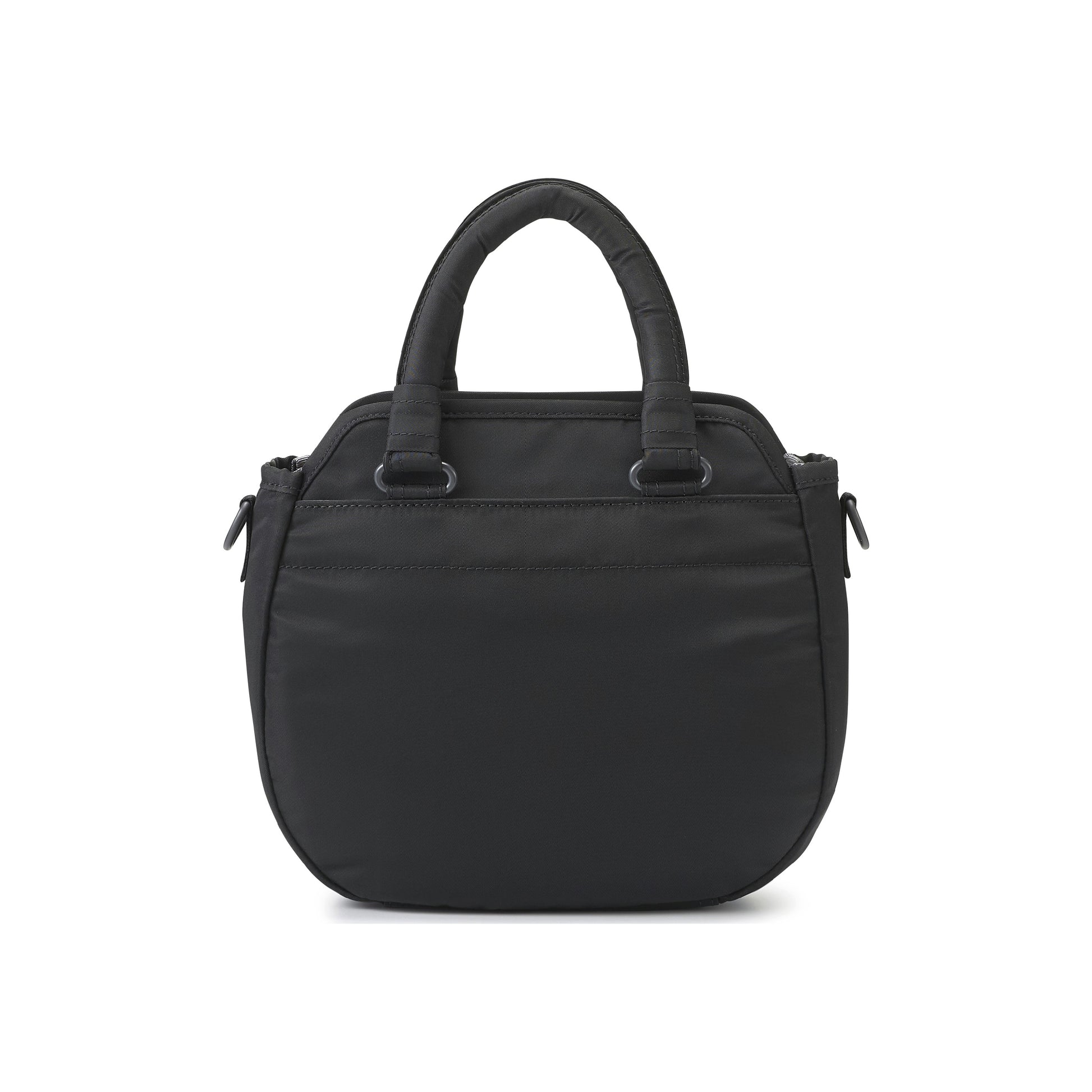 PORTER INTERNATIONAL Harbor Handbag Version 2 Black textured fabric shoulder bag top handle detachable strap mini pouch