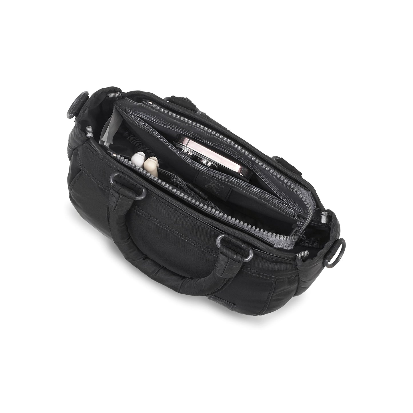 PORTER INTERNATIONAL Harbor Handbag Version 2 Black textured fabric shoulder bag top handle detachable strap mini pouch