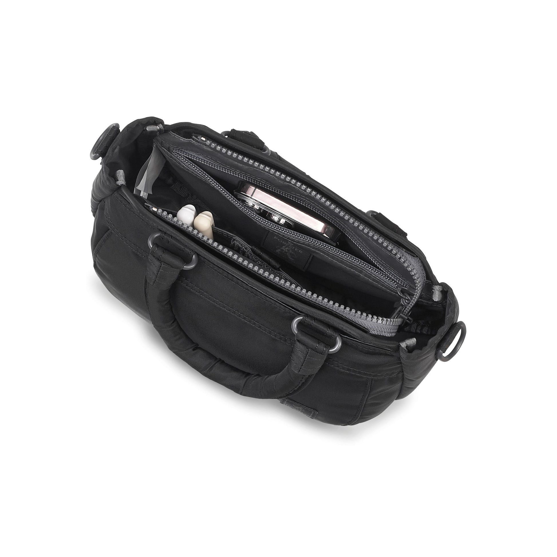 PORTER INTERNATIONAL Harbor Handbag Version 2 Black textured fabric shoulder bag top handle detachable strap mini pouch