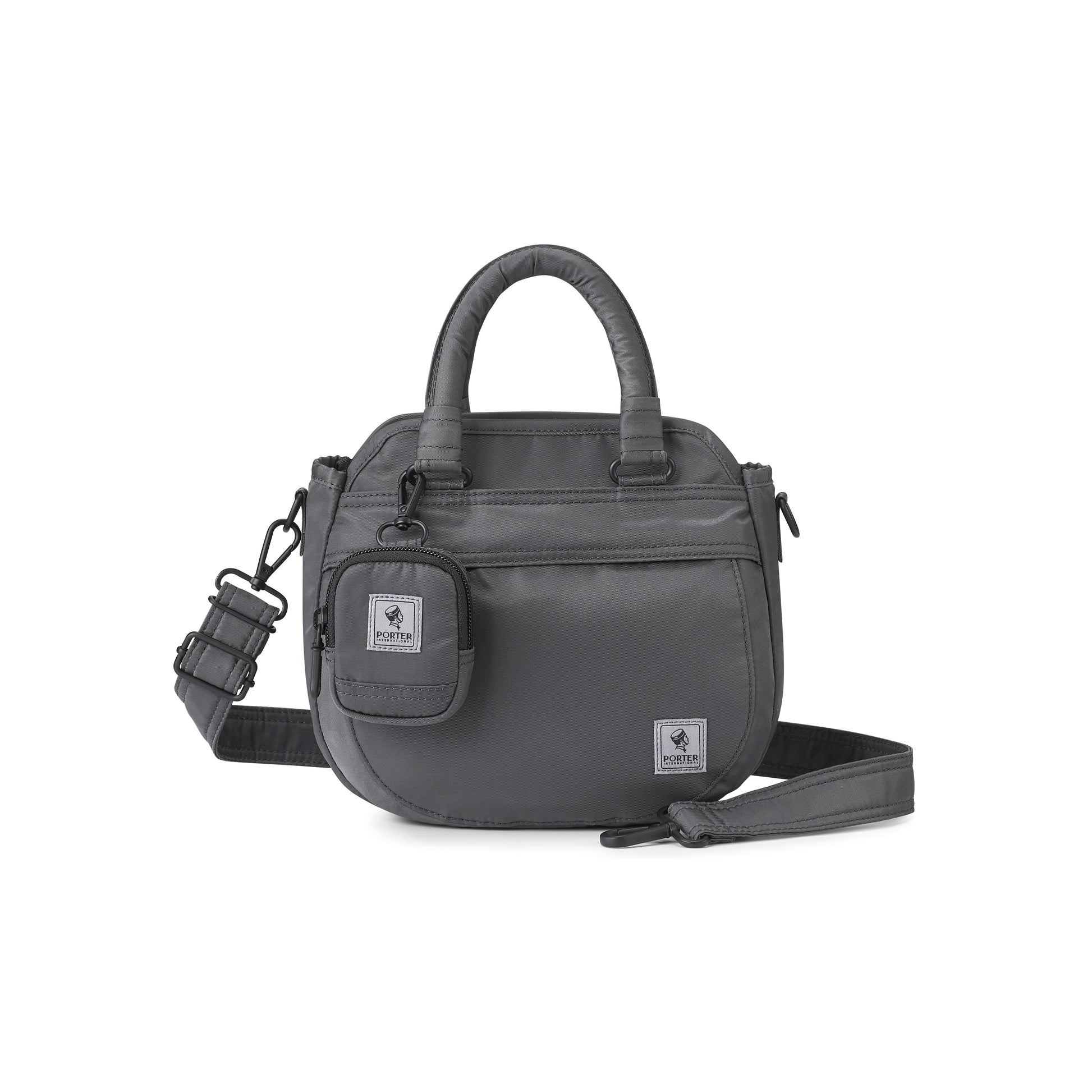 PORTER INTERNATIONAL Harbor Handbag Version 2 Grey textured fabric shoulder bag top handle detachable strap mini pouch