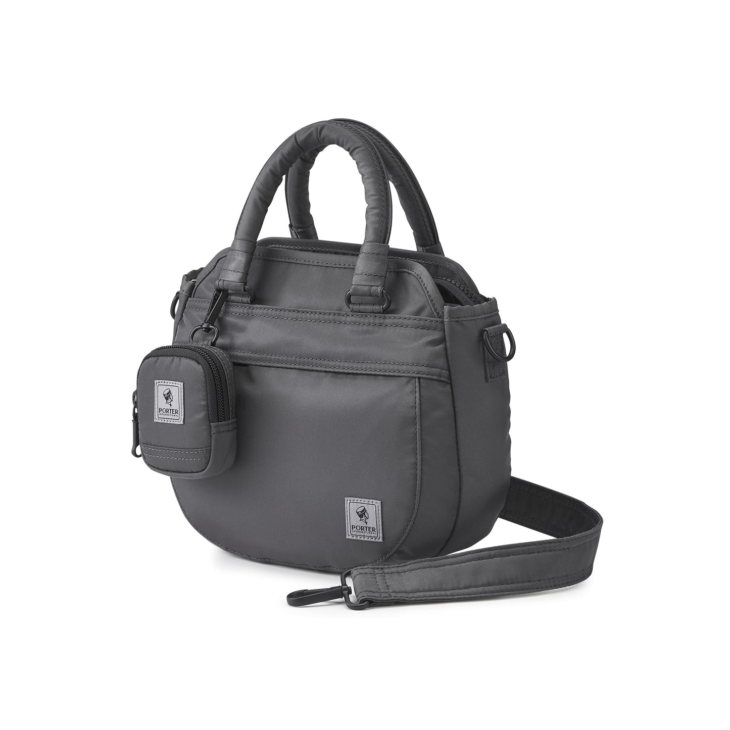 PORTER INTERNATIONAL Harbor Handbag Version 2 Grey textured fabric shoulder bag top handle detachable strap mini pouch
