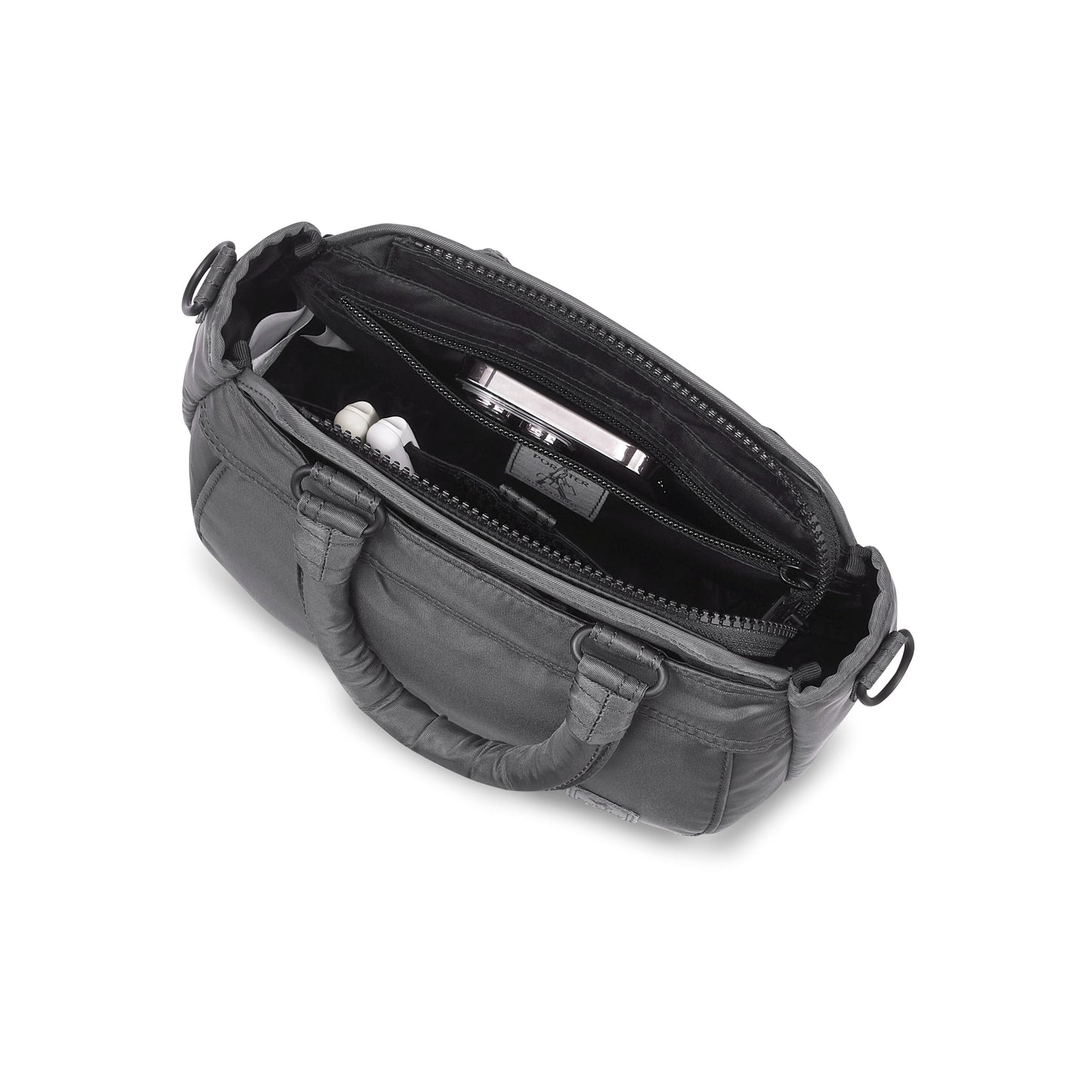 PORTER INTERNATIONAL Harbor Handbag Version 2 Grey textured fabric shoulder bag top handle detachable strap mini pouch