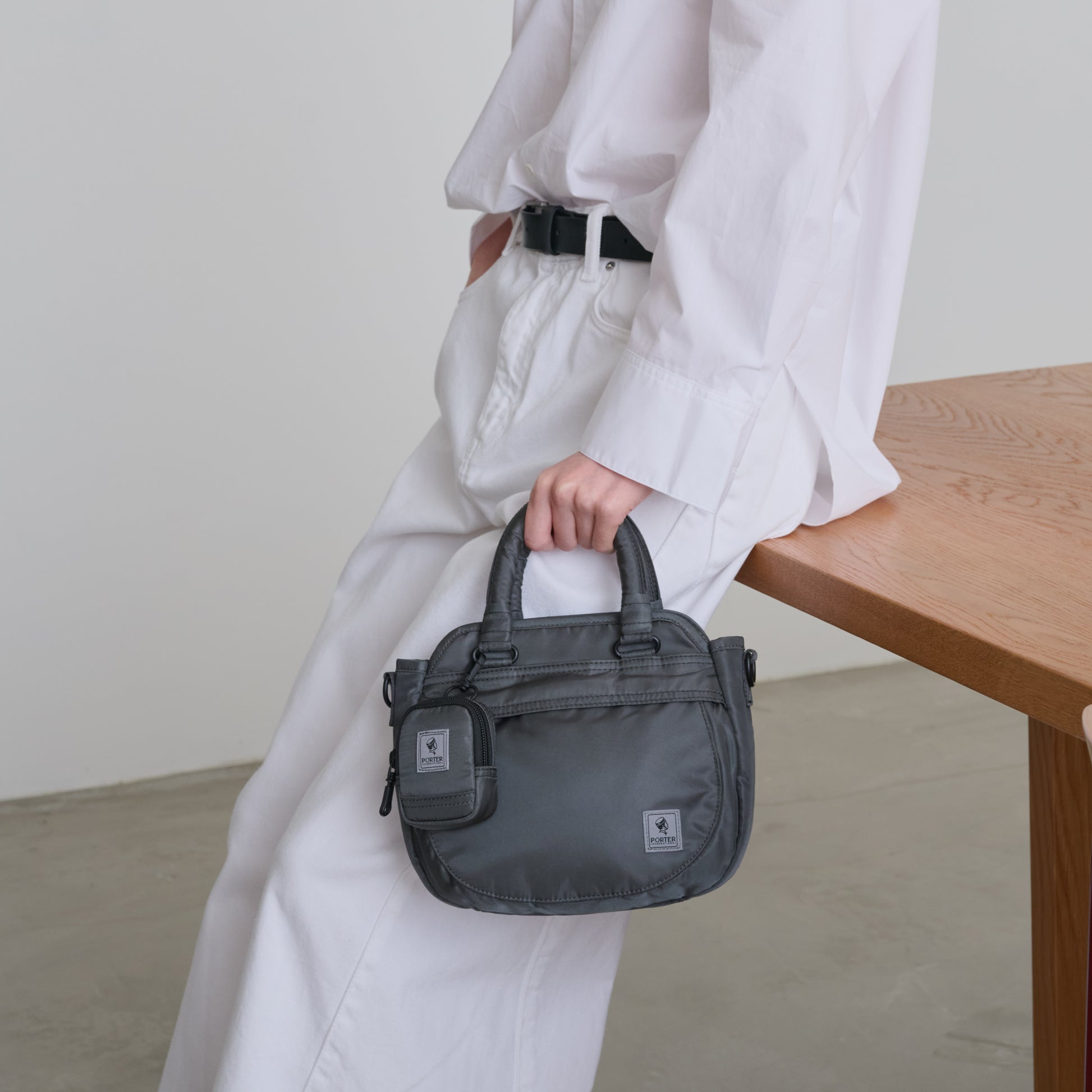 PORTER INTERNATIONAL Harbor Handbag Version 2 Grey textured fabric shoulder bag top handle detachable strap mini pouch