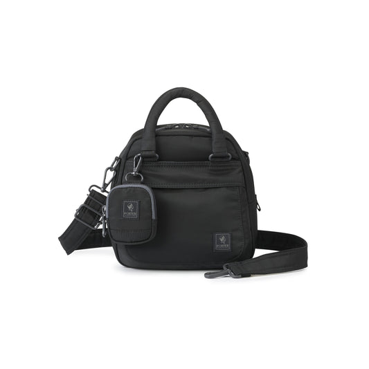 PORTER INTERNATIONAL Harbor Handbag Version 3 Black textured fabric shoulder bag top handle detachable strap mini pouch