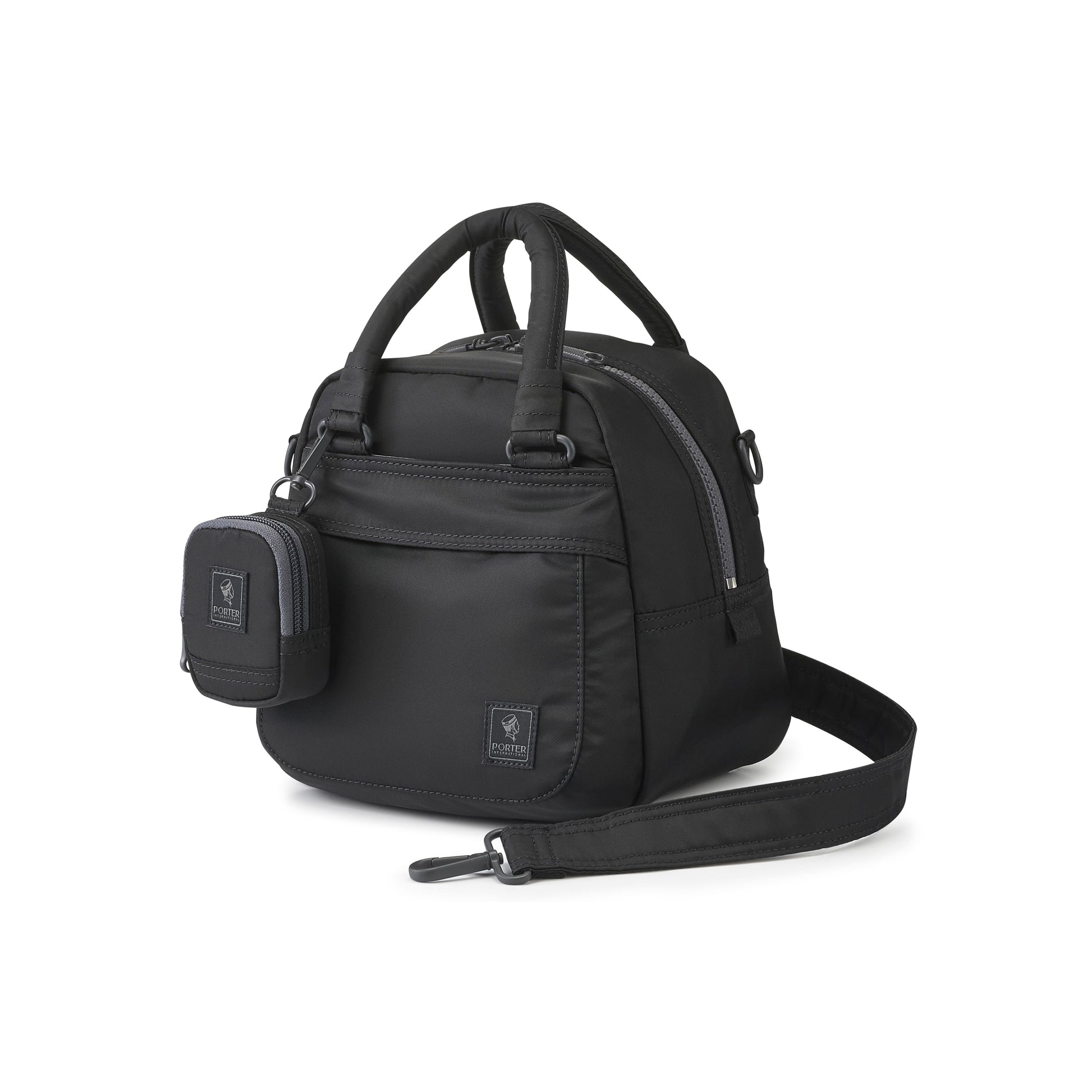 PORTER INTERNATIONAL Harbor Handbag Version 3 Black textured fabric shoulder bag top handle detachable strap mini pouch