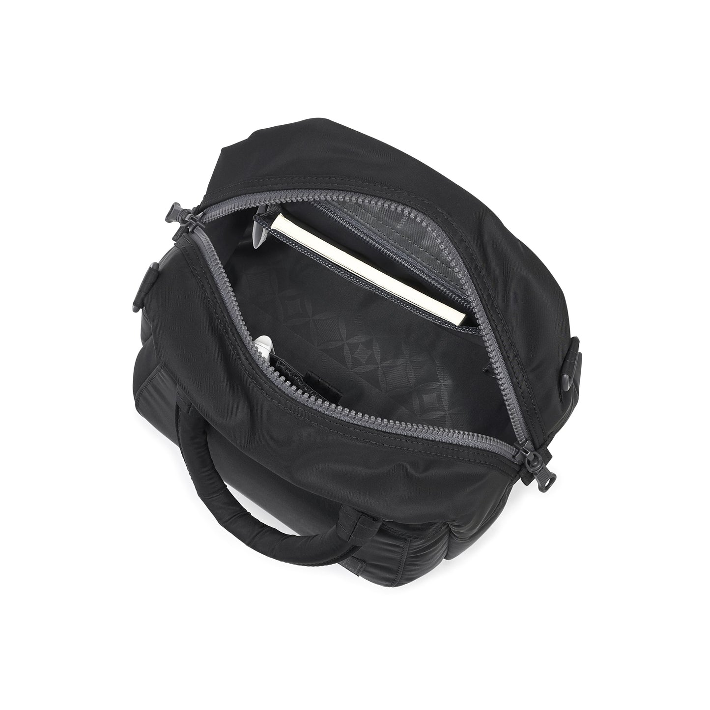 PORTER INTERNATIONAL Harbor Handbag Version 3 Black textured fabric shoulder bag top handle detachable strap mini pouch