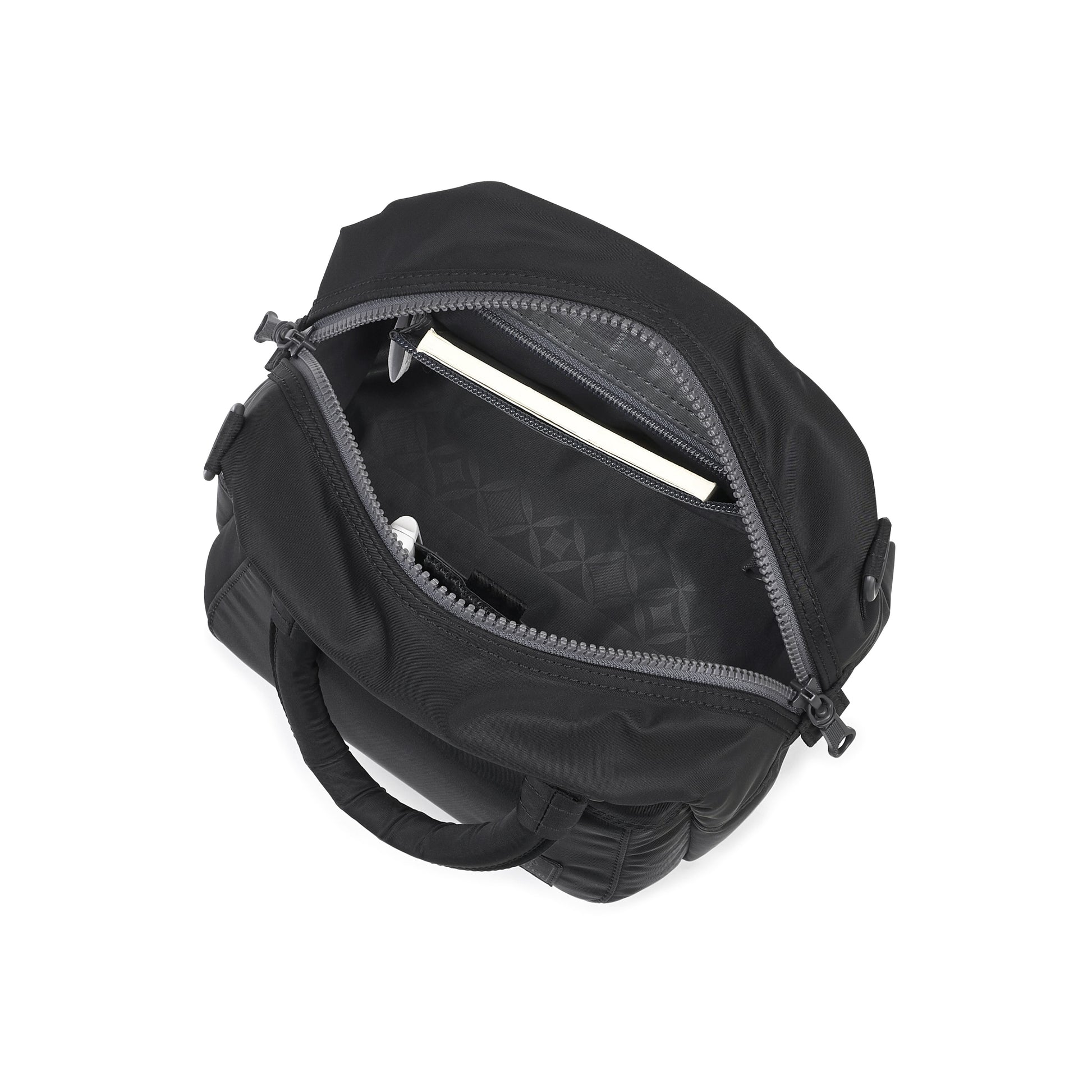 PORTER INTERNATIONAL Harbor Handbag Version 3 Black textured fabric shoulder bag top handle detachable strap mini pouch