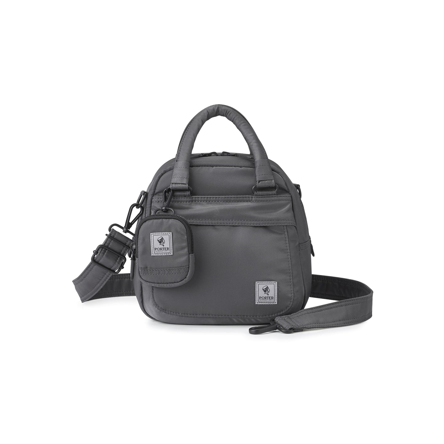 PORTER INTERNATIONAL Harbor Handbag Version 3 Grey textured fabric shoulder bag top handle detachable strap mini pouch