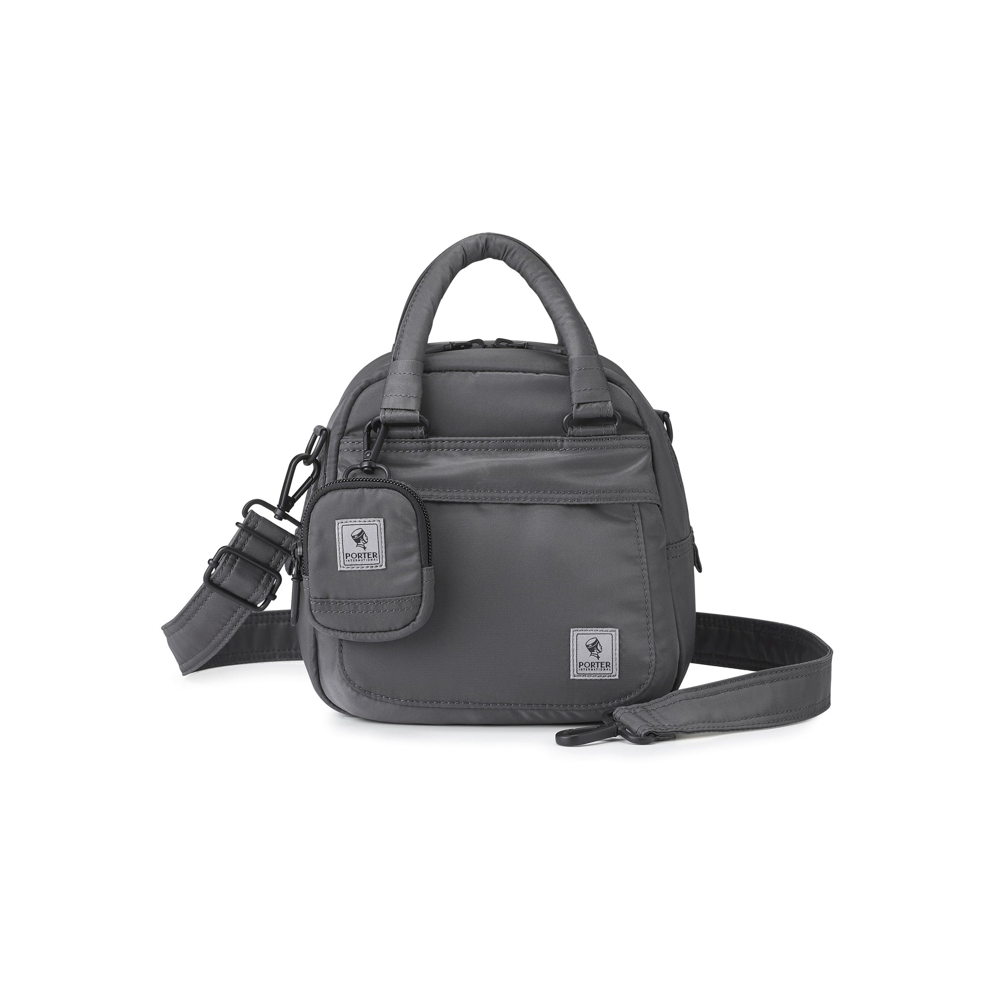 PORTER INTERNATIONAL Harbor Handbag Version 3 Grey textured fabric shoulder bag top handle detachable strap mini pouch