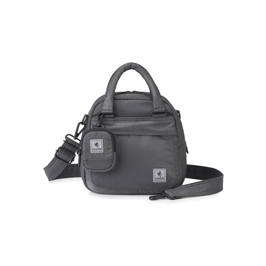 PORTER INTERNATIONAL Harbor Handbag Version 3 Grey textured fabric shoulder bag top handle detachable strap mini pouch