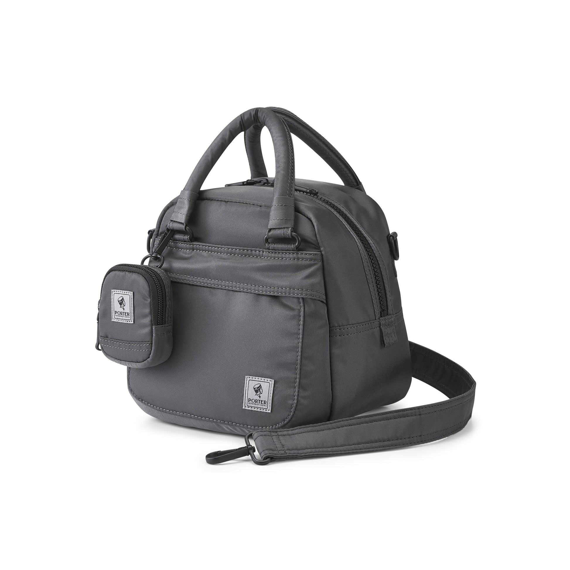 PORTER INTERNATIONAL Harbor Handbag Version 3 Grey textured fabric shoulder bag top handle detachable strap mini pouch