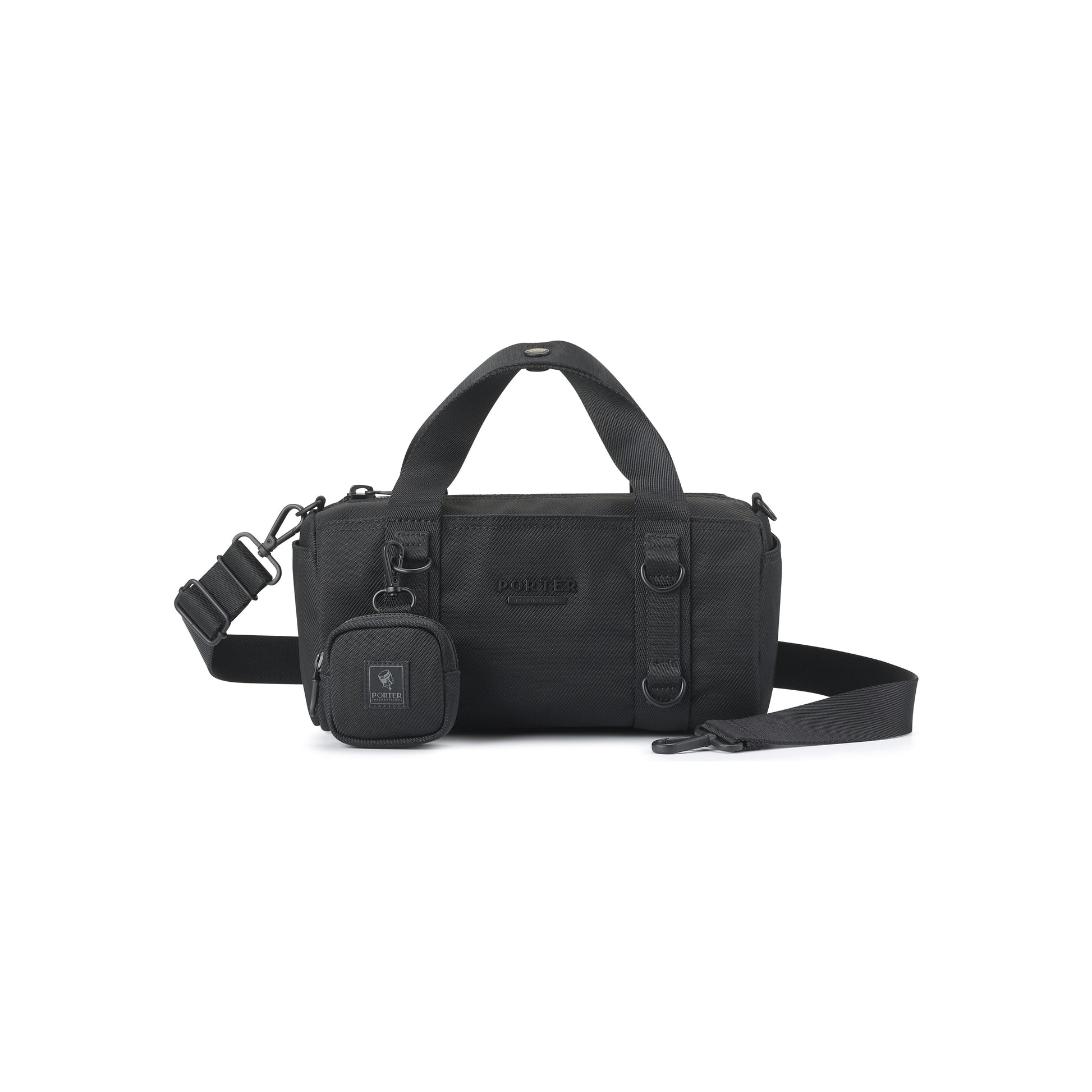 PORTER INTERNATIONAL Rollin Handbag M Black textured nylon shoulder bag cylindrical shape detachable strap mini pouch