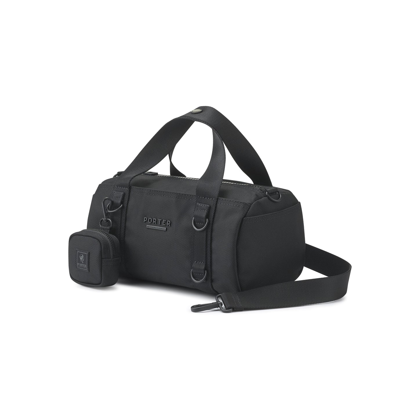 PORTER INTERNATIONAL Rollin Handbag M Black textured nylon shoulder bag cylindrical shape detachable strap mini pouch